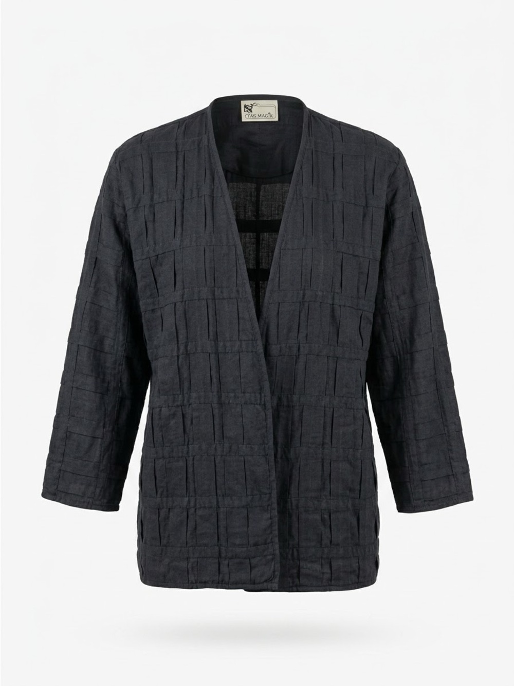Yak Magik Vintage Black Cotton Pleated Pintuck Open Front Cardigan Jacket Nepal